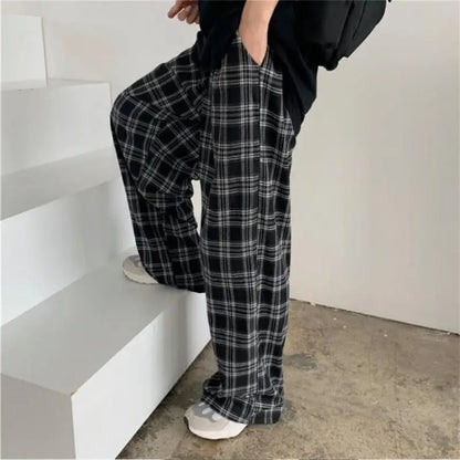 Oversize Pants Sweatpants Summer Black Plaid Pants Elastic Waist Pockets Student Trousers