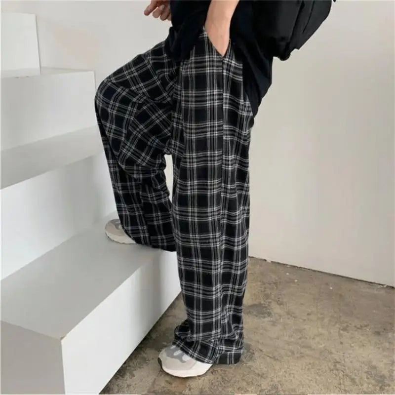 Oversize Pants Sweatpants Summer Black Plaid Pants Elastic Waist Pockets Student Trousers