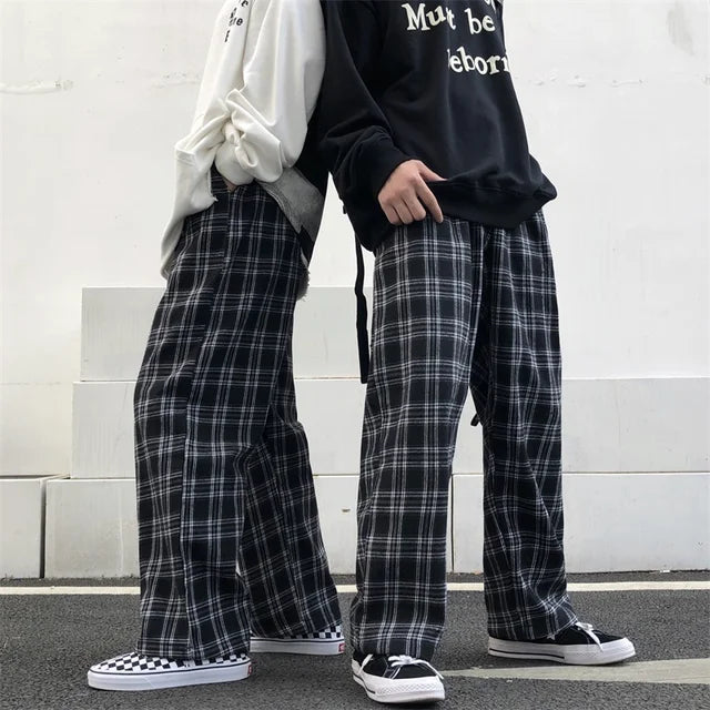 Oversize Pants Sweatpants Summer Black Plaid Pants Elastic Waist Pockets Student Trousers