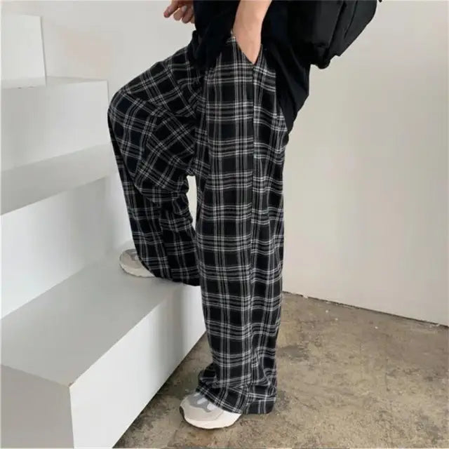 Oversize Pants Sweatpants Summer Black Plaid Pants Elastic Waist Pockets Student Trousers