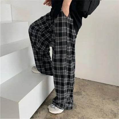 Oversize Pants Sweatpants Summer Black Plaid Pants Elastic Waist Pockets Student Trousers
