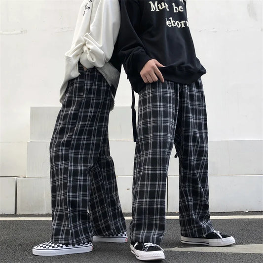 Oversize Pants Sweatpants Summer Black Plaid Pants Elastic Waist Pockets Student Trousers
