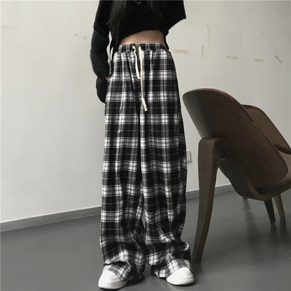 Oversize Sweatpants Black Plaid Pants Baggy Elastic Waist Pockets Student Hip Hop Loose Trousers