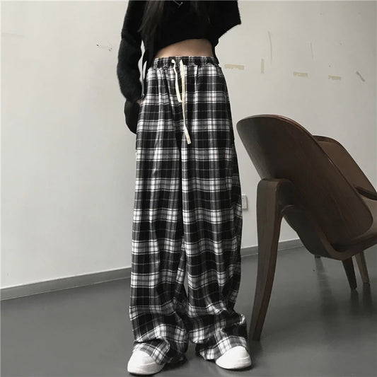 Oversize Sweatpants Black Plaid Pants Baggy Elastic Waist Pockets Student Hip Hop Loose Trousers