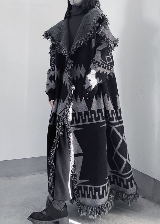 Oversized Black Peter Pan Collar Tassel Knit Coat Fall We011