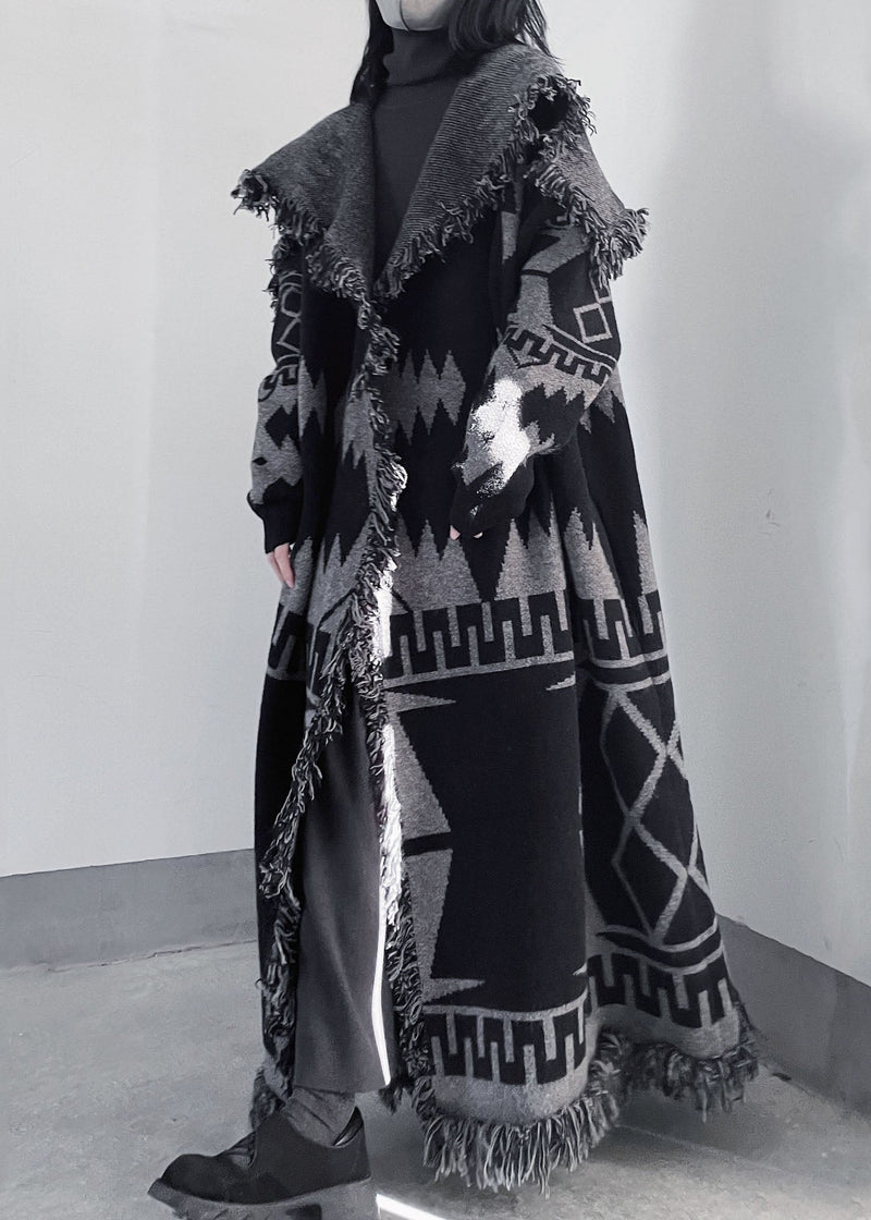 Oversized Black Peter Pan Collar Tassel Knit Coat Fall We011