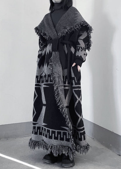 Oversized Black Peter Pan Collar Tassel Knit Coat Fall We011