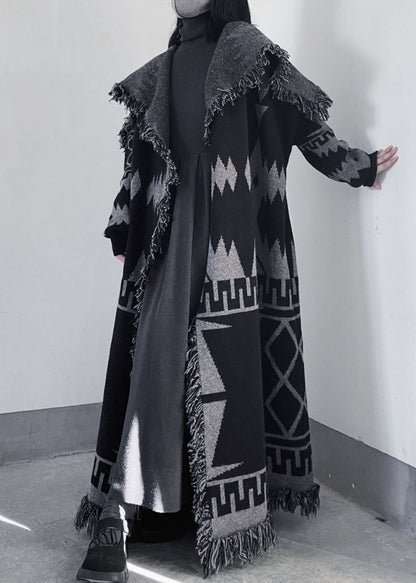 Oversized Black Peter Pan Collar Tassel Knit Coat Fall We011