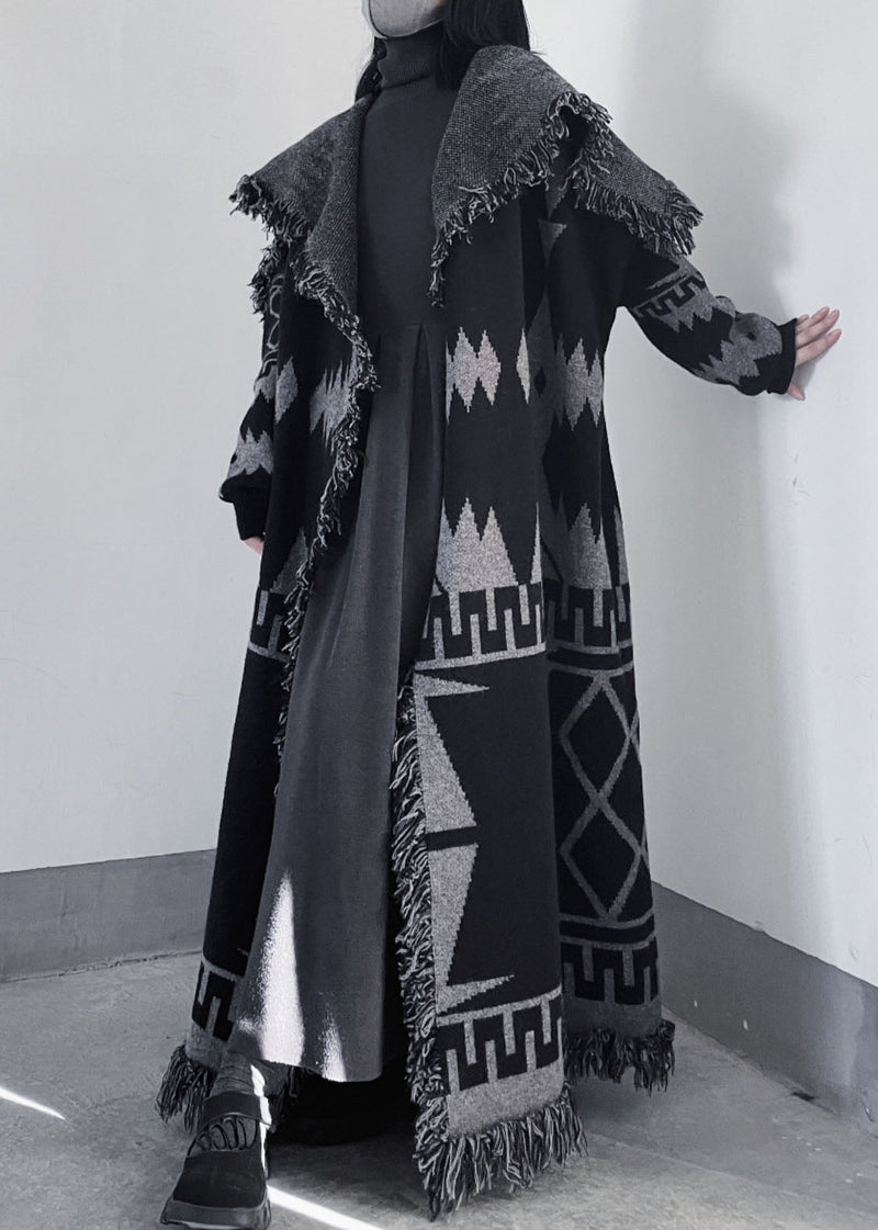 Oversized Black Peter Pan Collar Tassel Knit Coat Fall We011
