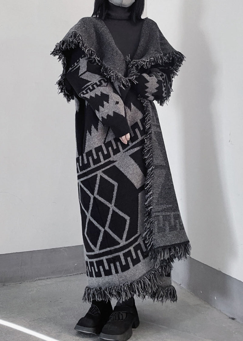Oversized Black Peter Pan Collar Tassel Knit Coat Fall We011