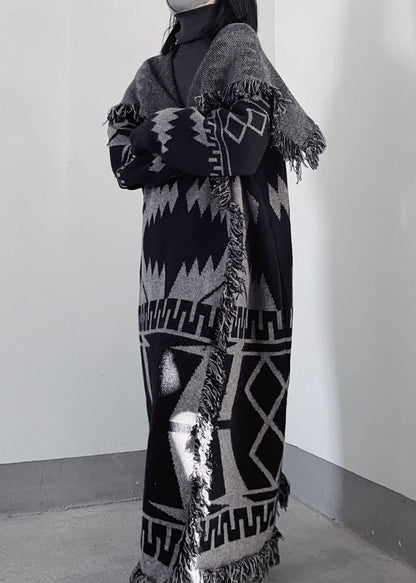 Oversized Black Peter Pan Collar Tassel Knit Coat Fall We011