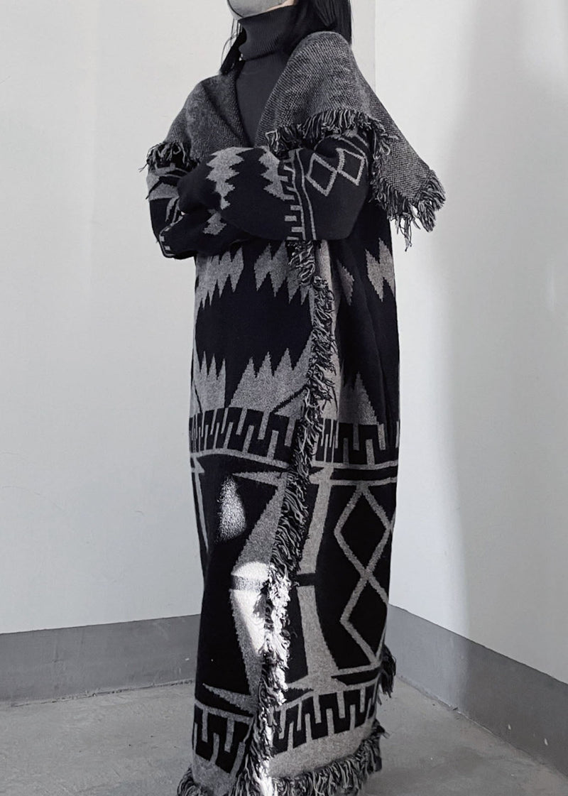 Oversized Black Peter Pan Collar Tassel Knit Coat Fall We011