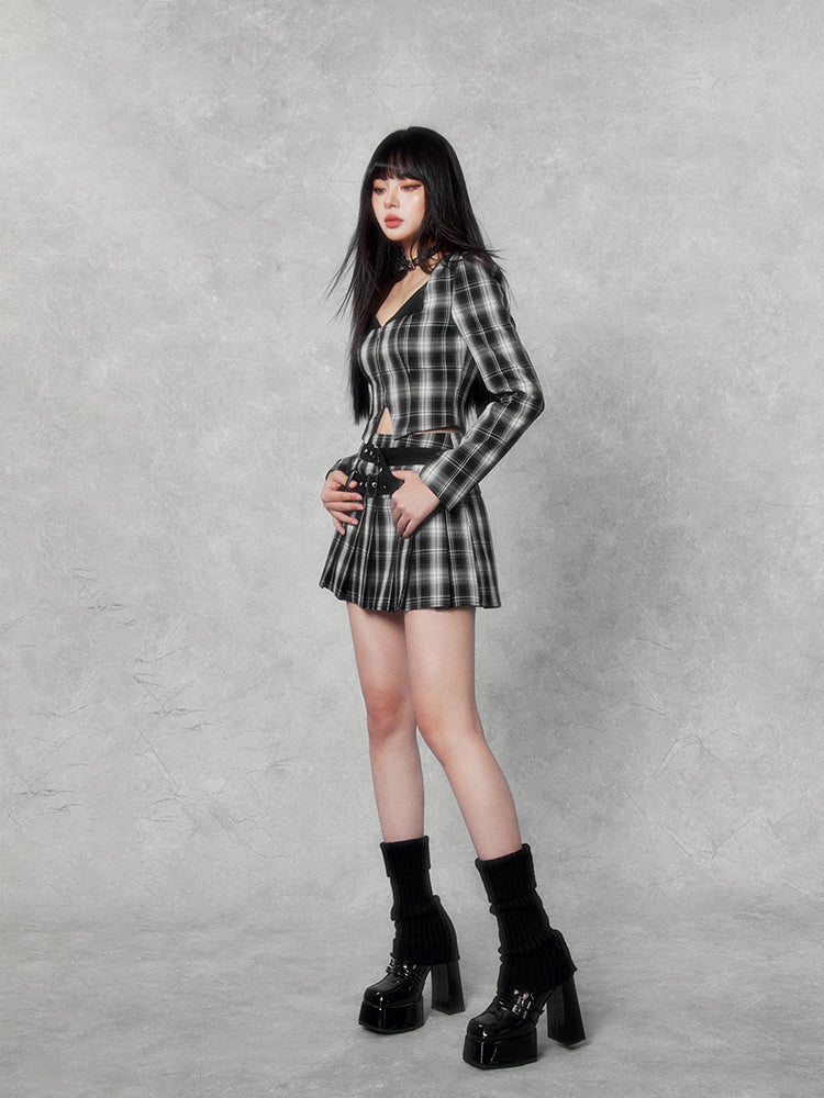 Plaid Punk Cropped Jacket/pleated Skirt