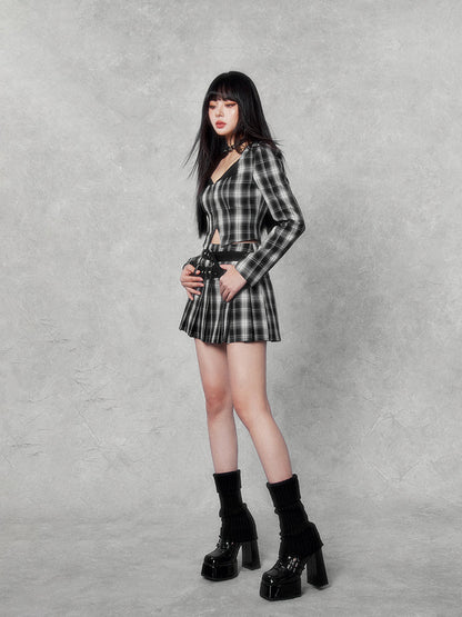Plaid Punk Cropped Jacket/pleated Skirt