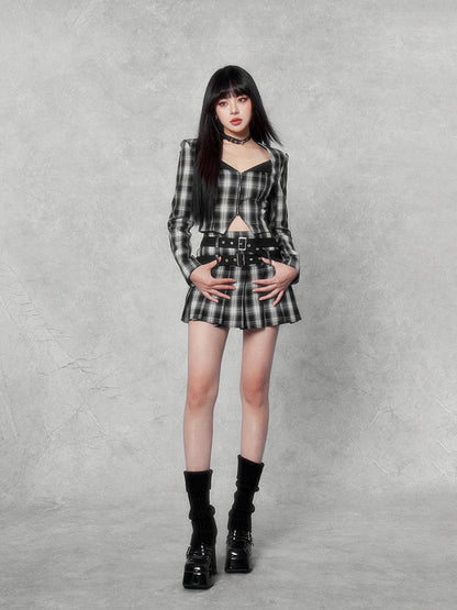 Plaid Punk Cropped Jacket/pleated Skirt