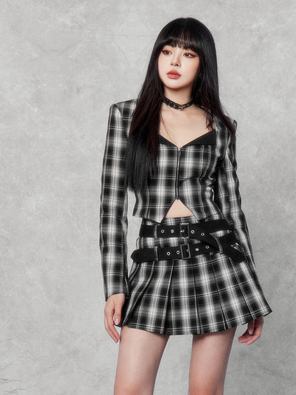 Plaid Punk Cropped Jacket/pleated Skirt
