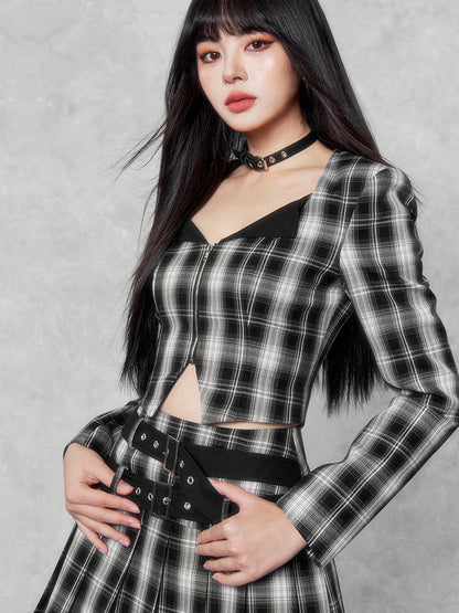 Plaid Punk Cropped Jacket/pleated Skirt