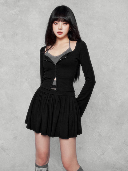 Lace Trim Cardigan Skirt Set