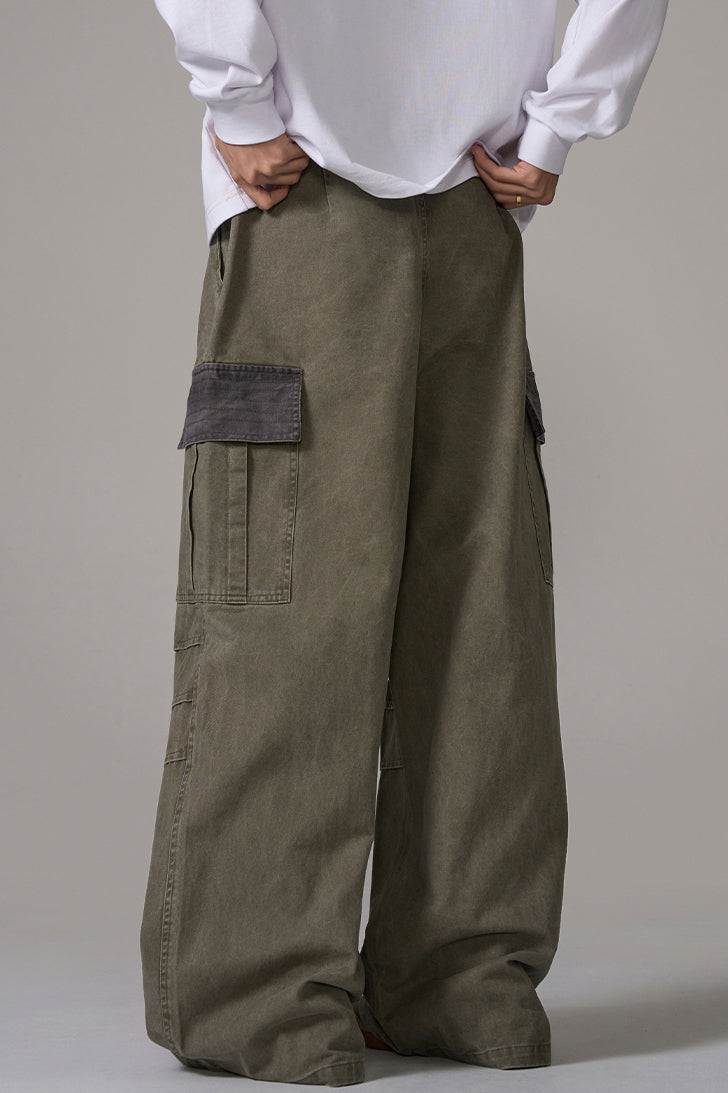 Two-tone Military Cargo Wide Leg Pants