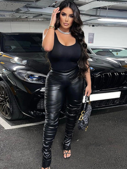 Faux Leather Mid Waist Ruched Pants Ar7041