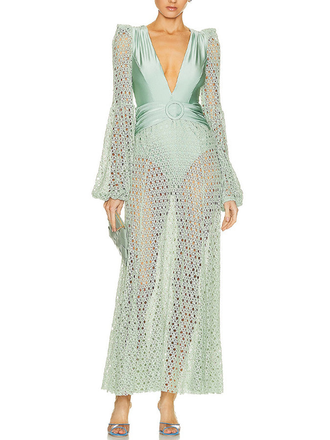 Belted Crochet-trimmed Netted-sleeve One Piece and Skirt