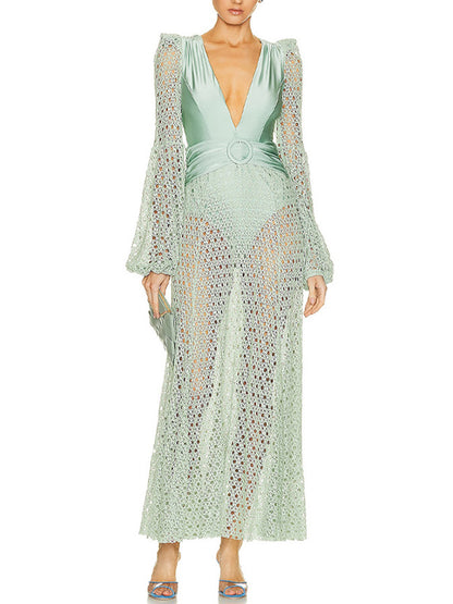Belted Crochet-trimmed Netted-sleeve One Piece and Skirt