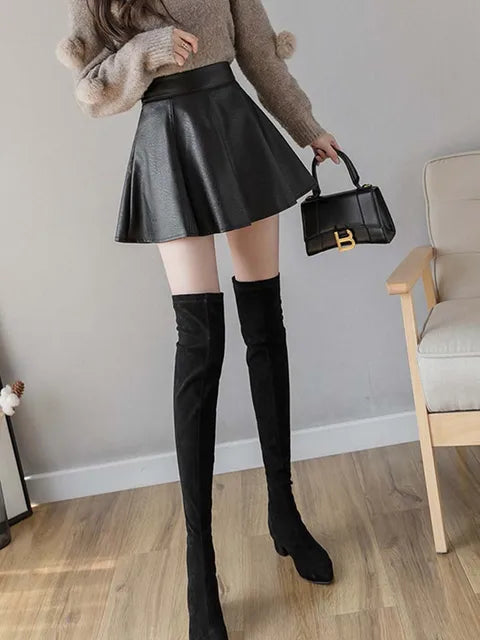Pu Pleated Skirt Autumn Color Leather Winter Skirts Slim High Waist Saia Faldas Zipper Mini Skirt