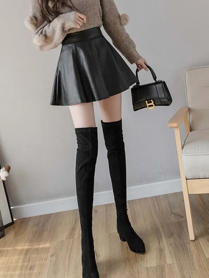 Pu Pleated Skirt Autumn Color Leather Winter Skirts Slim High Waist Saia Faldas Zipper Mini Skirt