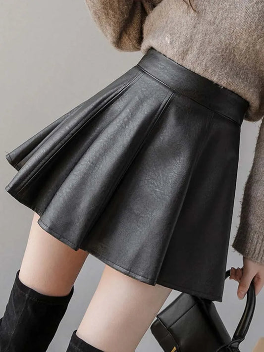 Pu Pleated Skirt Autumn Color Leather Winter Skirts Slim High Waist Saia Faldas Zipper Mini Skirt