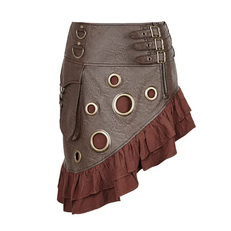 Steam Flounce Kilt Texture Coarse-grain Pu Leather Symmetrical Rock Knee Length Party Skirt