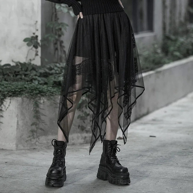 Gothic Mesh Irregular Female Black Lace Hollow Out Summer Skirt
