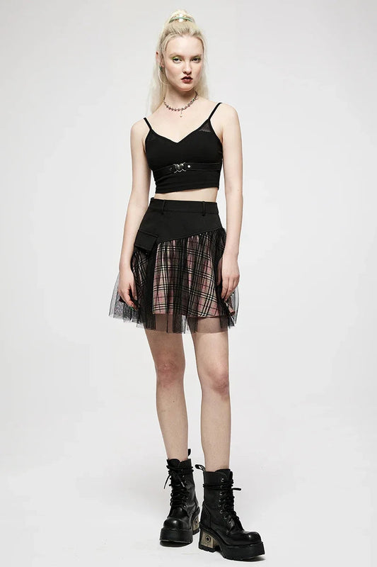 Mesh Panel Plaid High Waist Short College Style Stitched A-line Youth Girl Mini Skirt