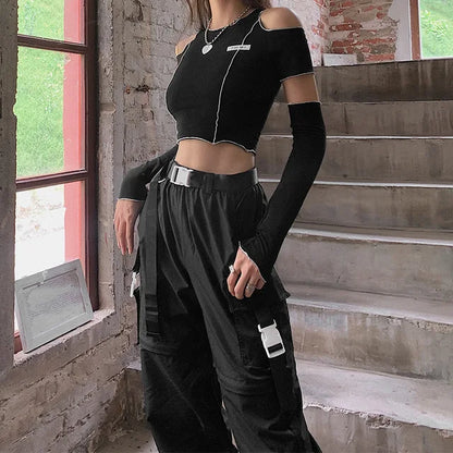 Patchwork Black T-shirts Gothic One Shoulder Sleeve Crop Tops Ruffles Hem Hip Hop Techwear Tees
