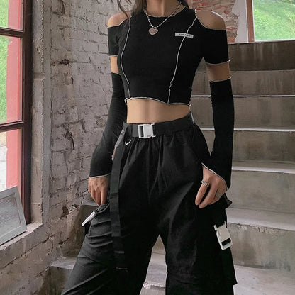 Patchwork Black T-shirts Gothic One Shoulder Sleeve Crop Tops Ruffles Hem Hip Hop Techwear Tees