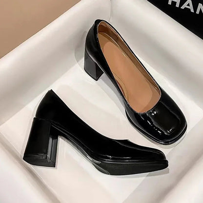 Patent Leather Office Black Highs Shal Mouth Square Toe Shoes Low Heel Pumps