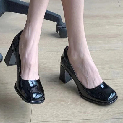 Patent Leather Office Black Highs Shal Mouth Square Toe Shoes Low Heel Pumps