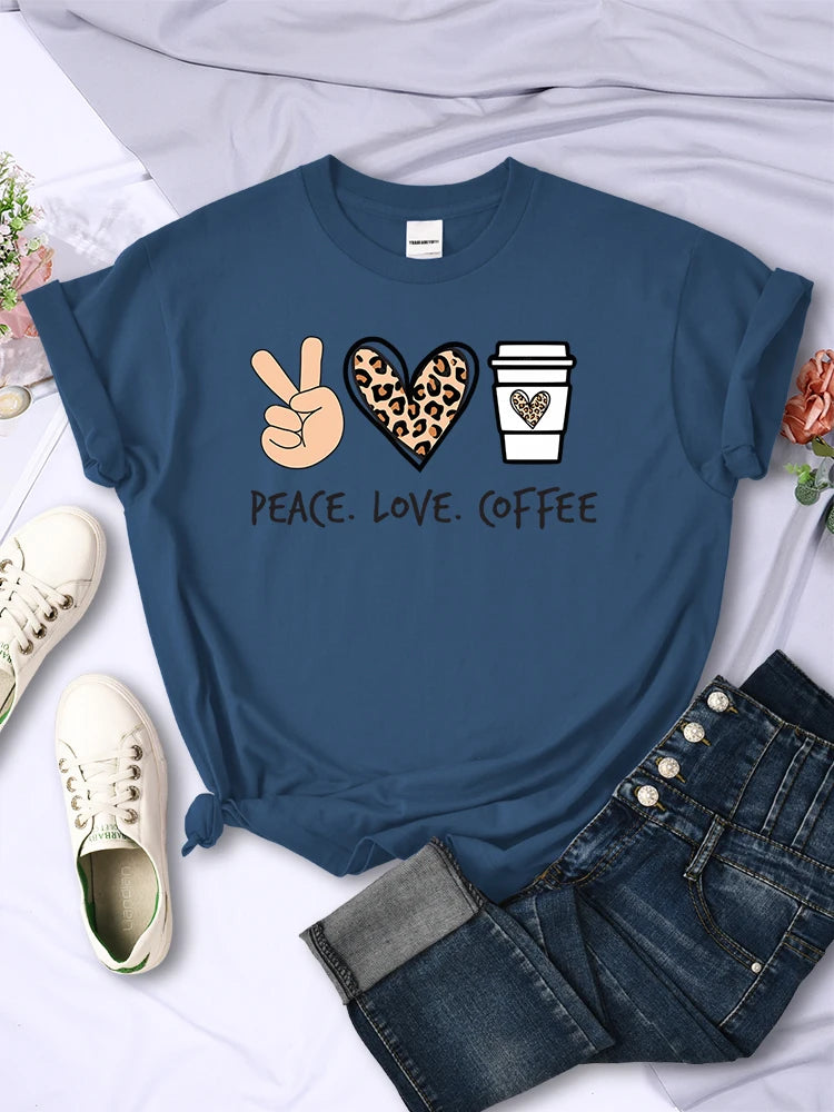 Peace Love Coffee Prints Tshirts Cotton T-shirts Brand Breathable Tees Shirts Street O-neck Tshirt for