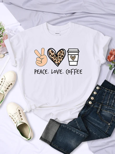 Peace Love Coffee Prints Tshirts Cotton T-shirts Brand Breathable Tees Shirts Street O-neck Tshirt for