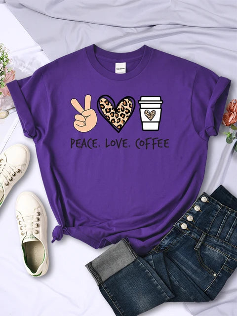 Peace Love Coffee Prints Tshirts Cotton T-shirts Brand Breathable Tees Shirts Street O-neck Tshirt for
