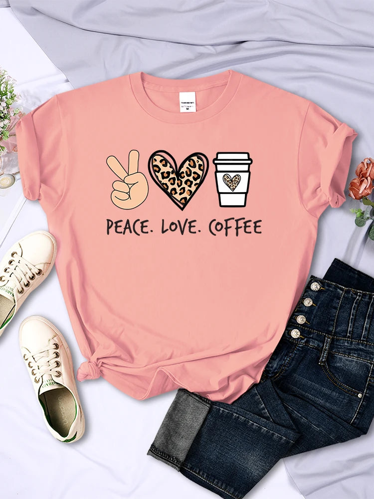 Peace Love Coffee Prints Tshirts Cotton T-shirts Brand Breathable Tees Shirts Street O-neck Tshirt for