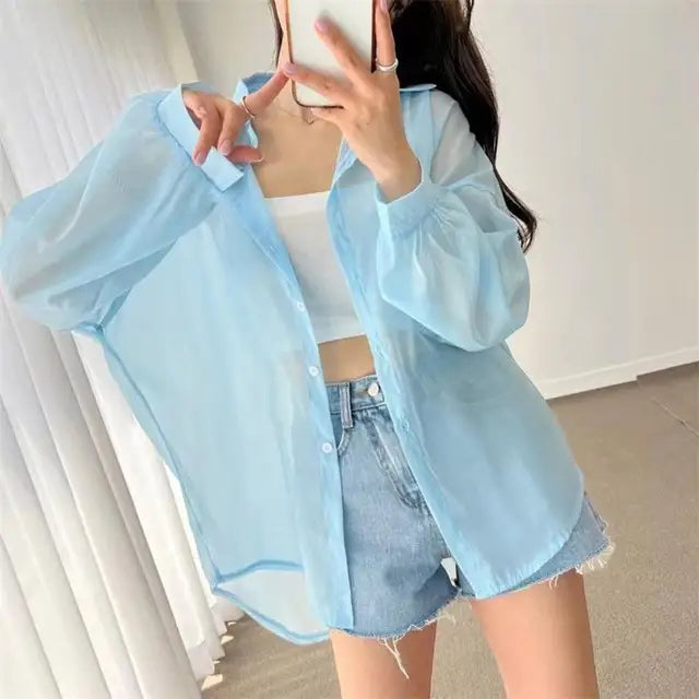 Perspective Shirts Sheer Thin Summer Simple Sun-proof Top Blouse Baggy All-match Basic Korean Clothing