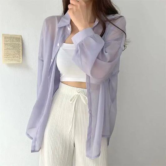 Perspective Shirts Sheer Thin Summer Simple Sun-proof Top Blouse Baggy All-match Basic Korean Clothing
