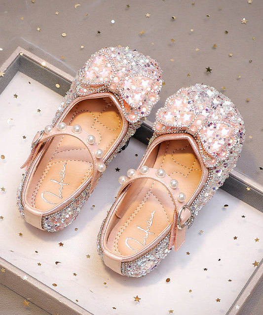 Bow Shoes Strap Zircon Kids Flat Pink for Buckle