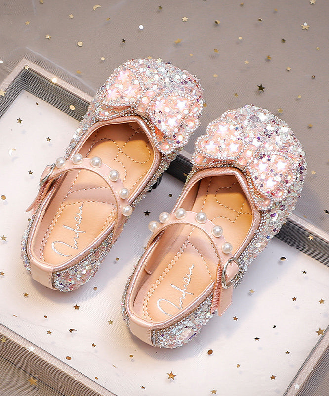 Bow Shoes Strap Zircon Kids Flat Pink for Buckle