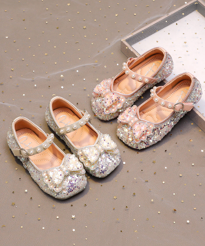 Bow Shoes Strap Zircon Kids Flat Pink for Buckle