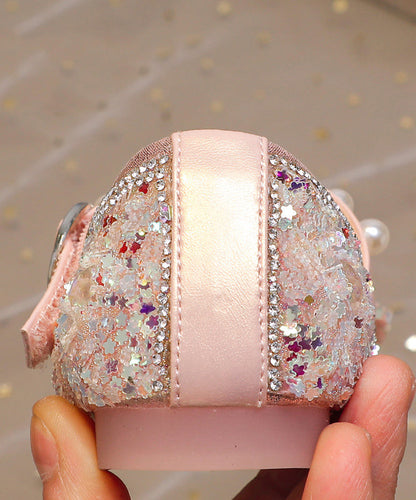 Bow Shoes Strap Zircon Kids Flat Pink for Buckle