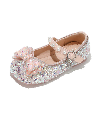 Bow Shoes Strap Zircon Kids Flat Pink for Buckle
