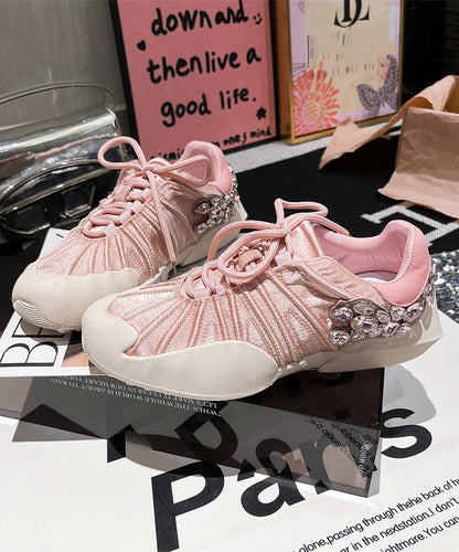 Flat Lace Pink Splicing Canvas Zircon Shoes Up for