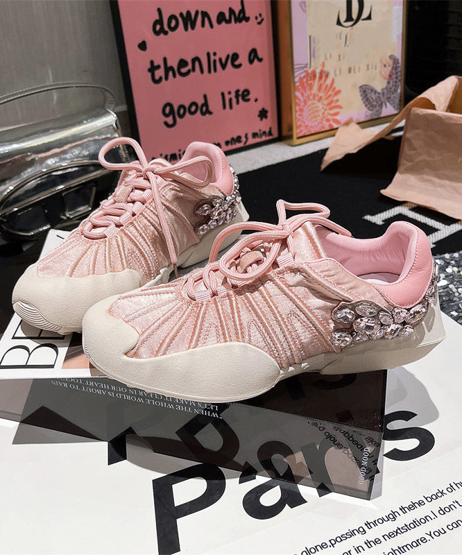 Flat Lace Pink Splicing Canvas Zircon Shoes Up for