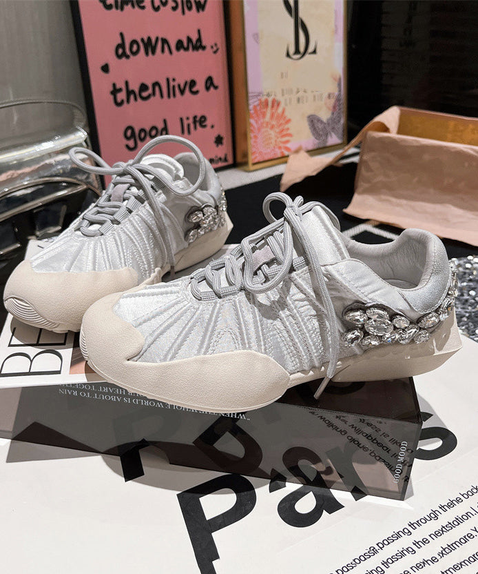 Flat Lace Pink Splicing Canvas Zircon Shoes Up for